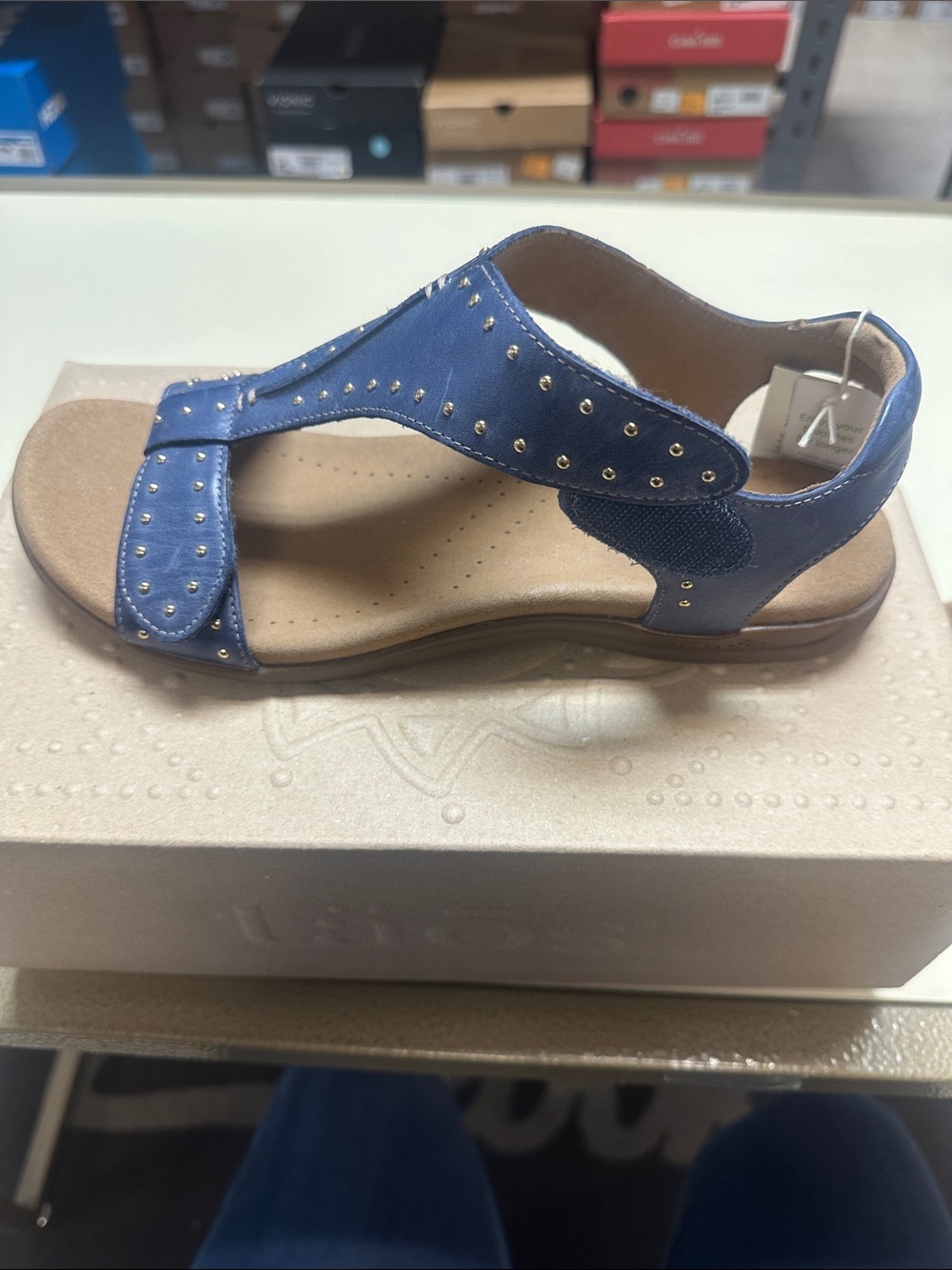 Taos Show Stopper Dark Blue Studded T-strap Slingback Sandals - Picture 5 of 9